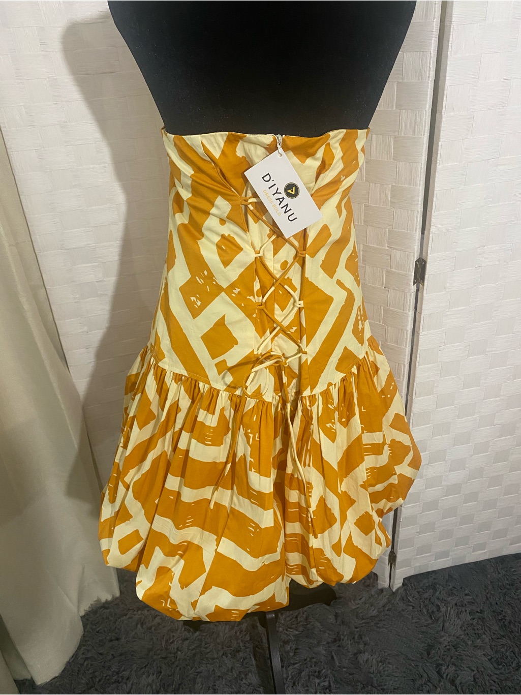 Mwt: D’iyanu Strapless Mustard Geometric Print Bubble Hem Mini Dress — image 4 of 8